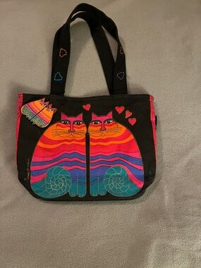 Laurel Burch Double Cat Tote Bag - Black with Multicolor Stripe Cats
